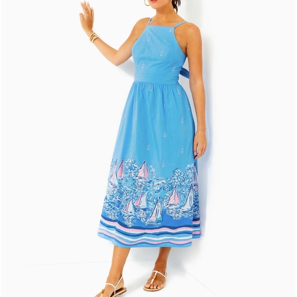 Lilly Pulitzer Charlese Cotton Halter Midi Dress in Lunar Blue, Size 6 - Picture 1 of 11